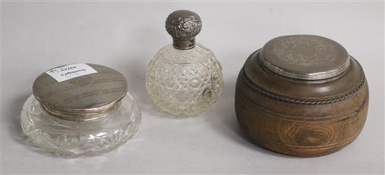 A 19th century circular rosewood silver top box, a circular silver box, cologne bottle, thimble, a Victorian engraved glass vase and 4